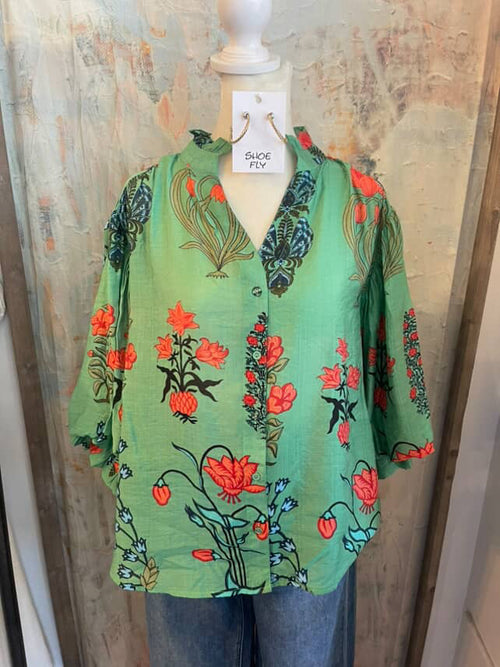 3/4 Printed Button Down Top