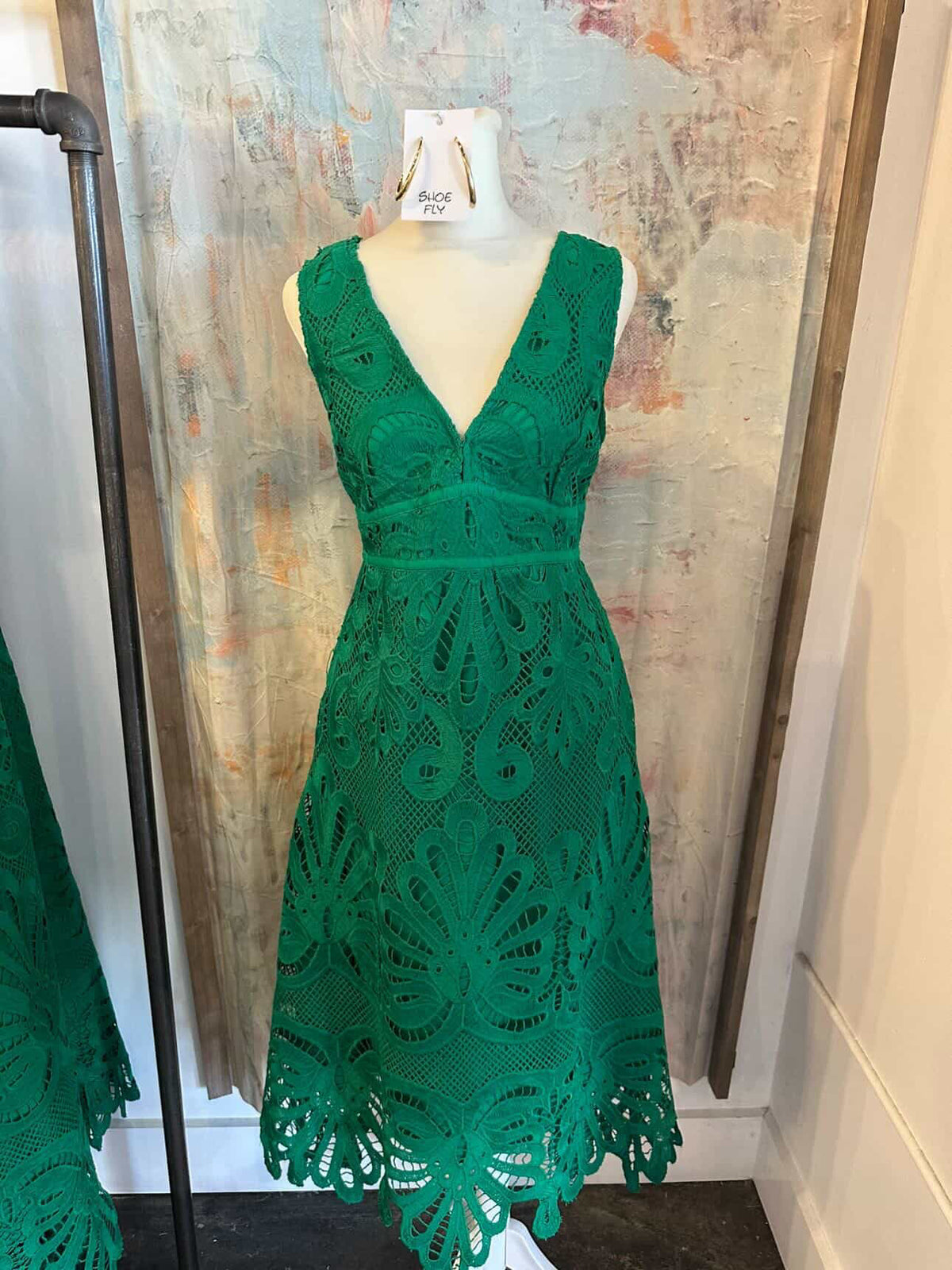 Embroidered Lace V Neck Midi Dress