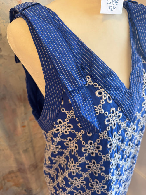 Top Stitch Detail Tie Shoulder Strap Eyelet Dress