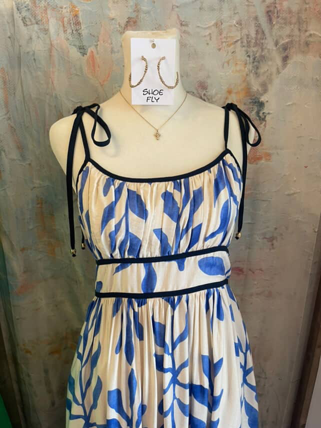 Tie Strap Blue Print Dress with Pockets