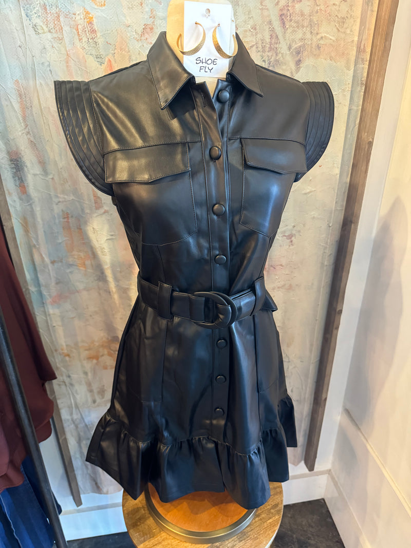 Button Front cap Sleeve Faux Leather Dress with Belt