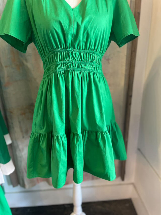 V Neck Poplin Dress with Elastic Waist Detail