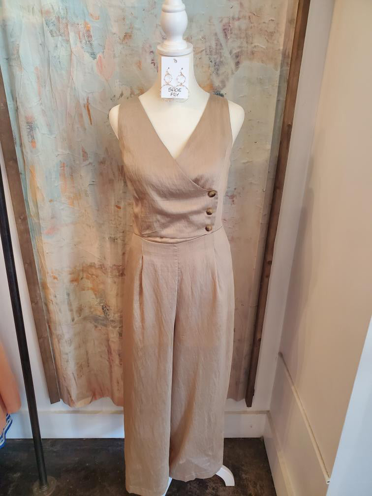 Linen Asymmetrical Button Front Wide Leg Jumpsuit