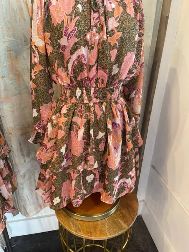 Green Pink Tiered Long Sleeve Dress