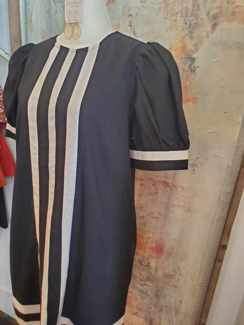 Stripe Front Puff Sleeve Pocket Dress