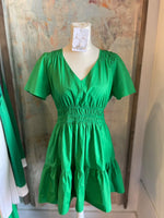 V Neck Poplin Dress with Elastic Waist Detail