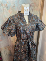 V Neck  Midi Blue Mocha Print Dress with Pockets