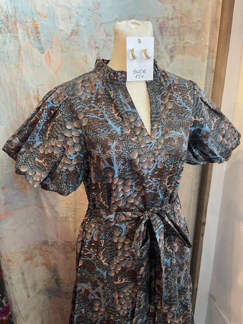 V Neck  Midi Blue Mocha Print Dress with Pockets