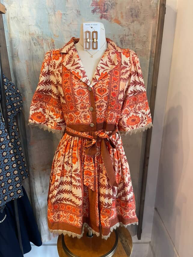 Print Tie Waist Trim  Detail Dress with Pockets