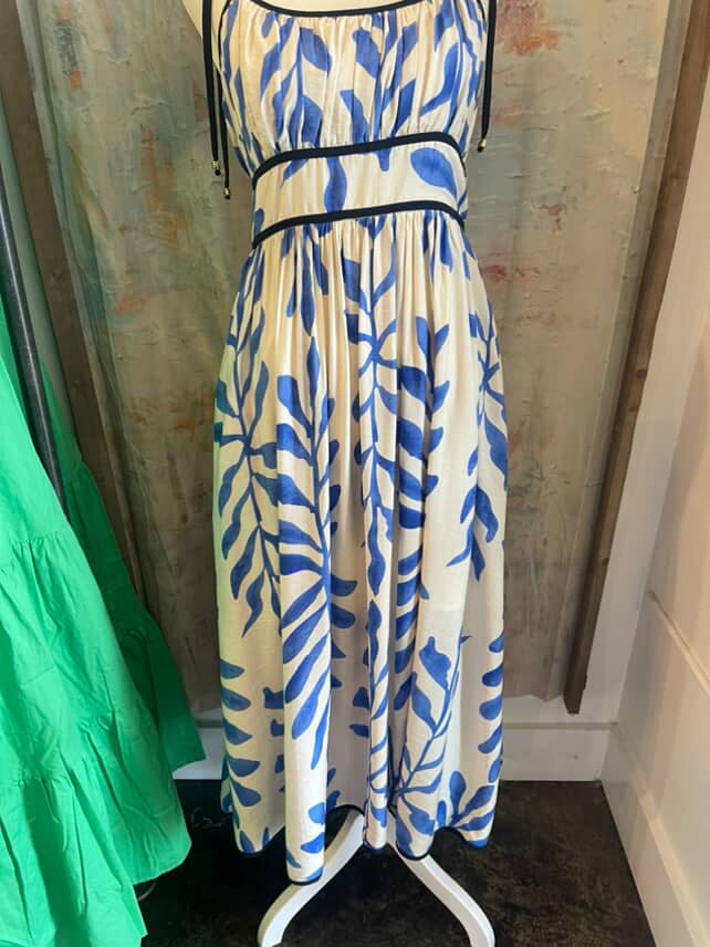 Tie Strap Blue Print Dress with Pockets