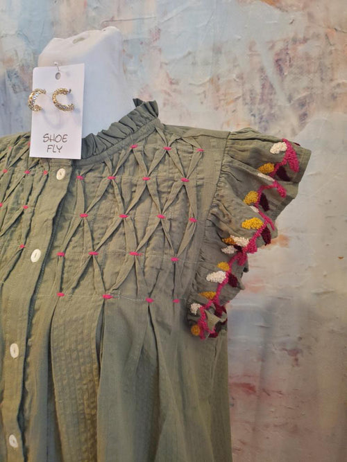 Button Up Embroidery Top with Flutter Sleeve