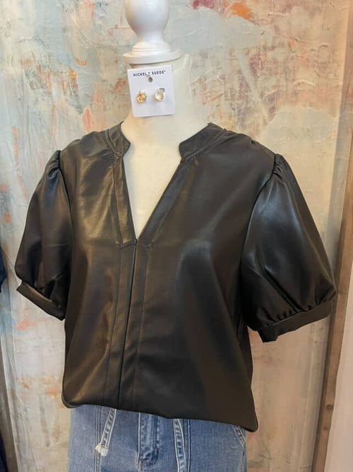 Puff Sleeve Faux Leather Top__