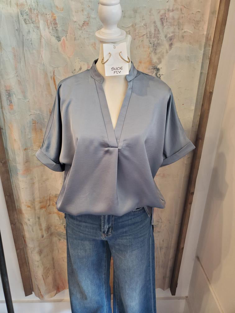 Cuff Short Sleeve  V Neck Top