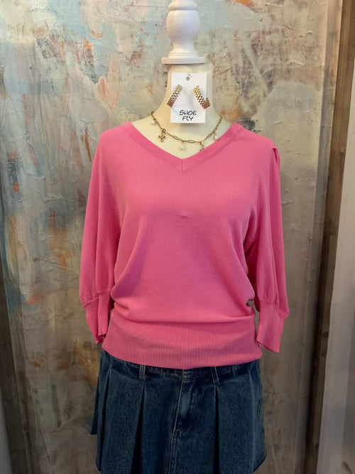 V Neck Puff Sleeve 3/4 Top