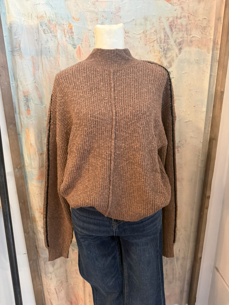Mock Neck Contrast Seam Pullover Sweater