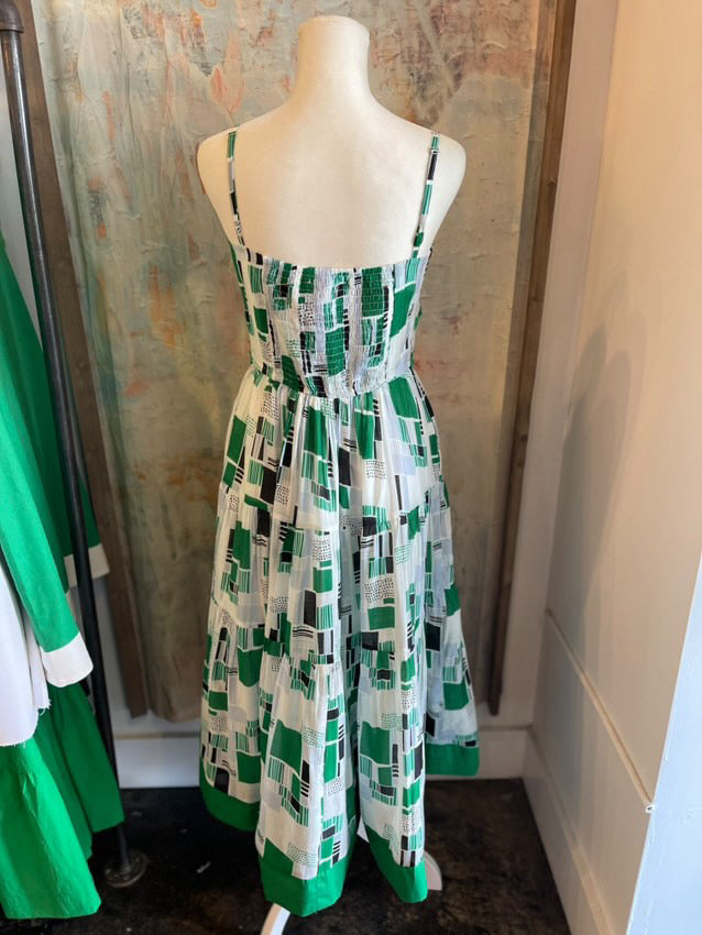 Stripe  Tiered Print Midi Green Print Dress