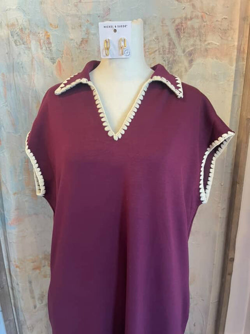 Trim Detail Plum Dress with Pockets