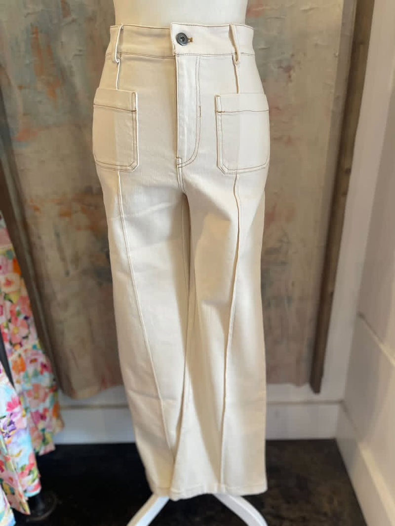 Cream Front Panel Denim Pants