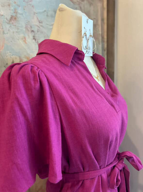 Linen Collared Dress with Tie and Pockets