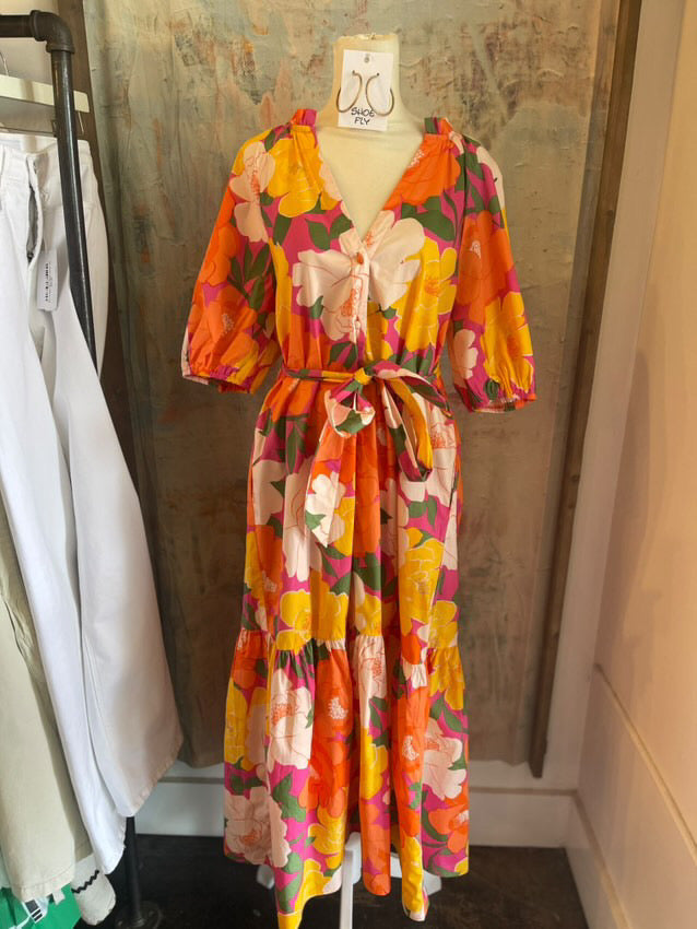 Pink Orange Multi Tiered Midi Dress