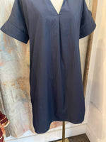Short Sleeve V Neck Navy Pocket Dress