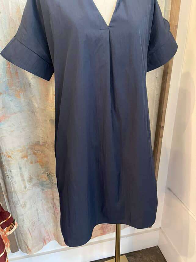 Short Sleeve V Neck Navy Pocket Dress