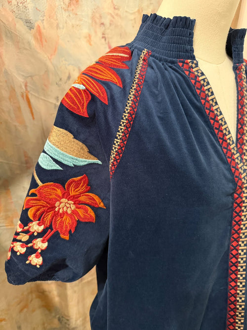 Floral Embroidered Puff Sleeve V Neck Top