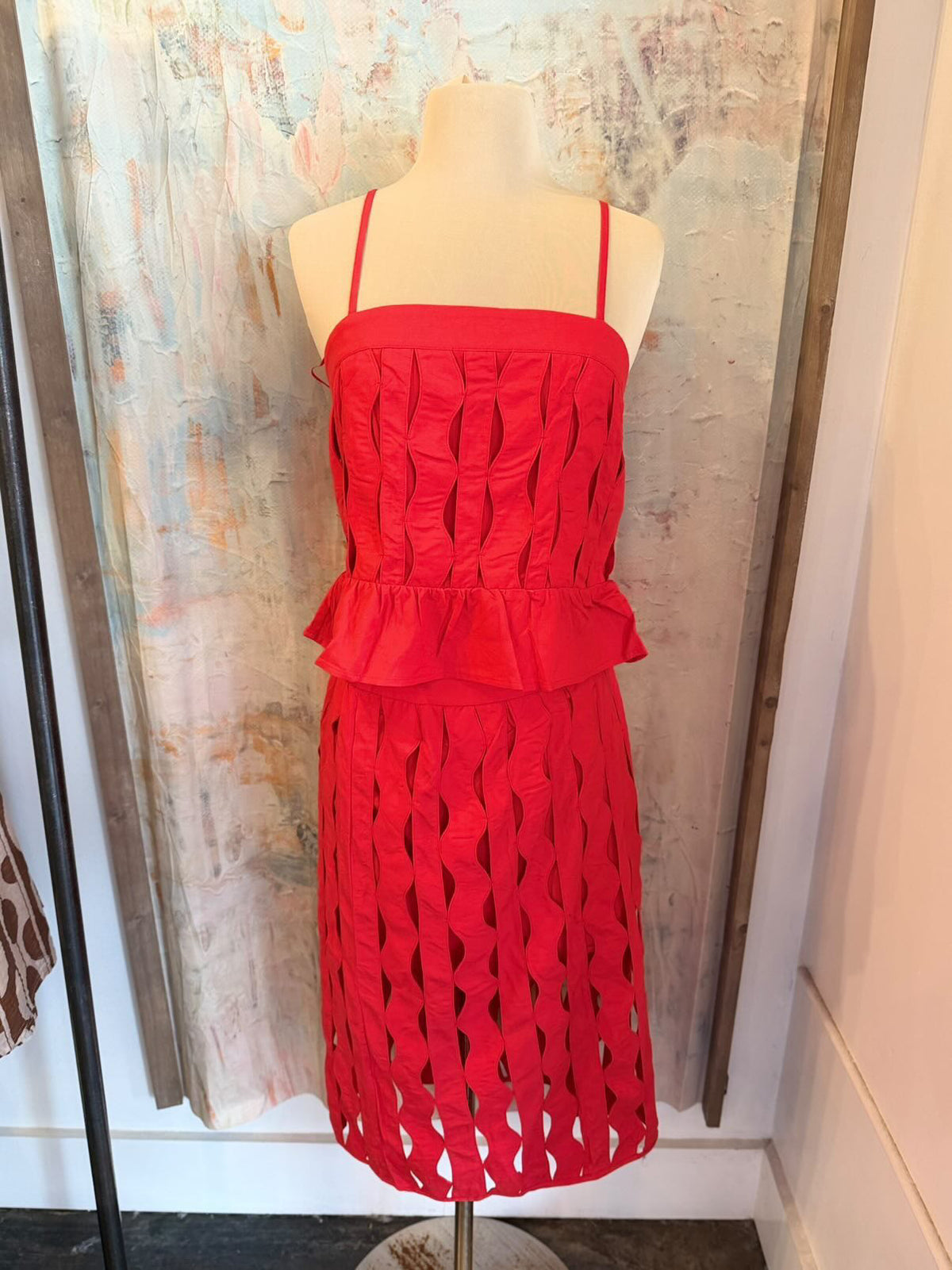 Red Wave Detail Midi Skirt