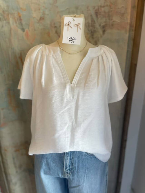 Split Neck Blouse With Pleat Neckline Top