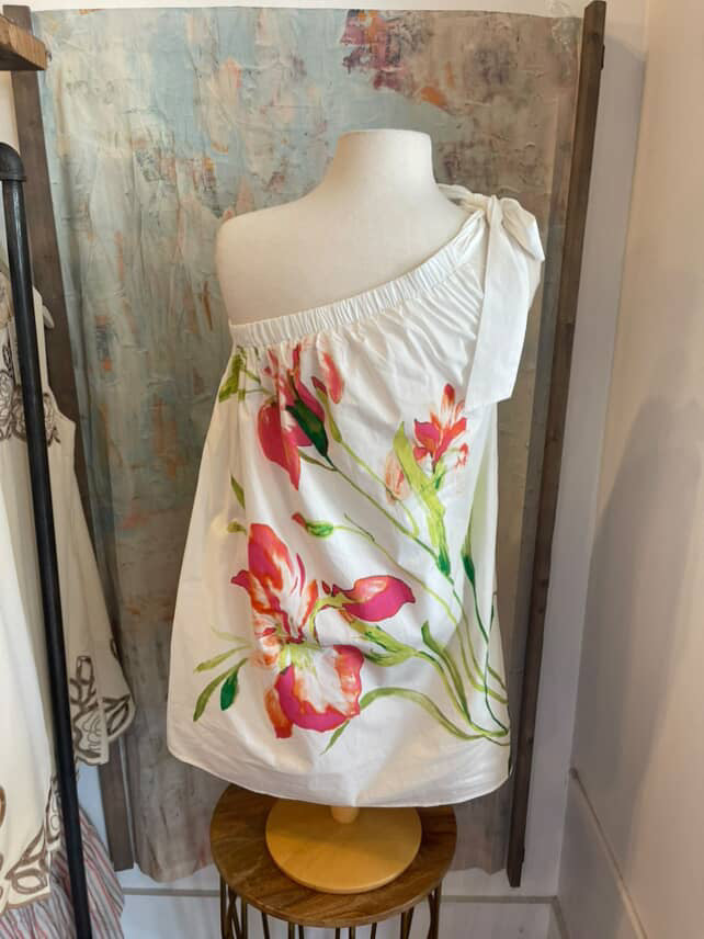 One Shoulder Floral  Dress with Pockets