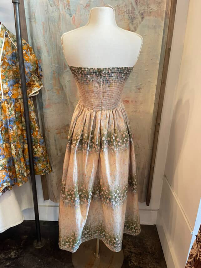 Strapless Pleat Detail Floral Dress with Pocket
