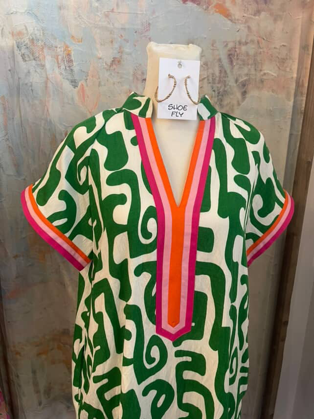 Short Sleeve V Neck Print Dress with Pockets