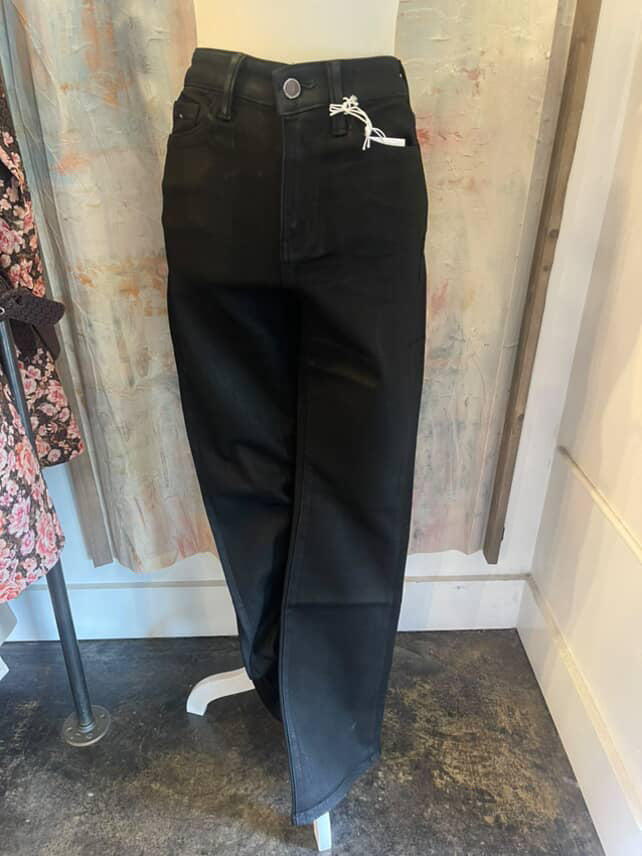 High Rise Coated Boot Cut Black Denim