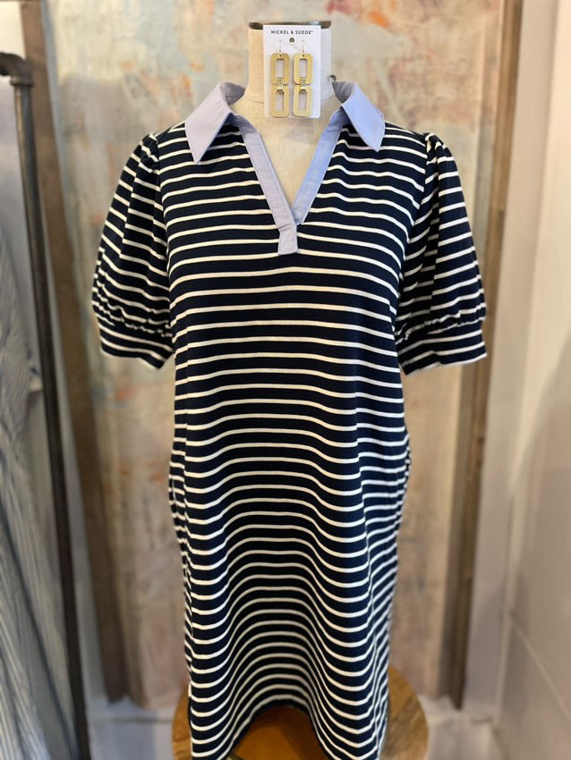 Navy Stripe Dress with Pockets Detail Collar