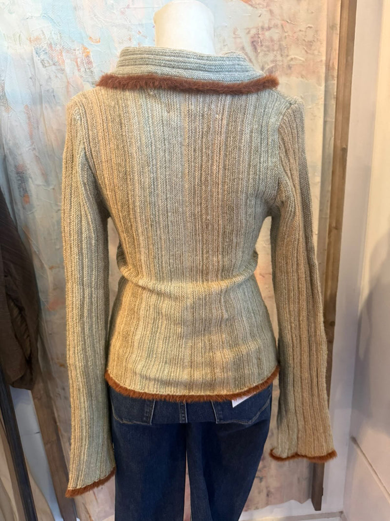 Fur Detail Sage Zip Front Sweater Top