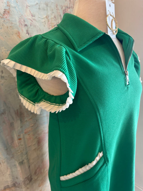Two Pocket Ruffle Detail Zip Front Dress