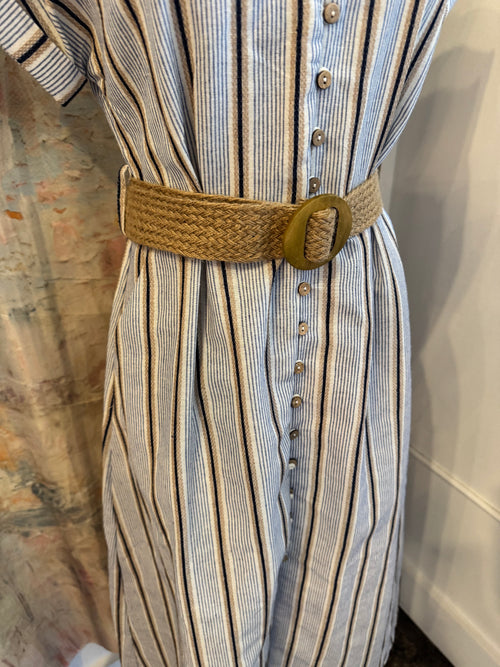 Stripe Button Down Belted Midi Dress