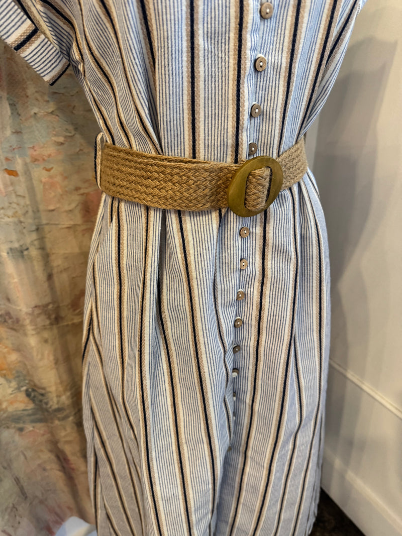Stripe Button Down Belted Midi Dress