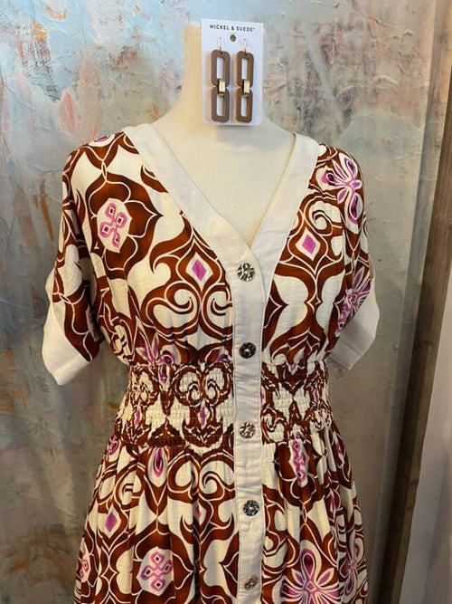Brown Midi Print Dress with Pockets