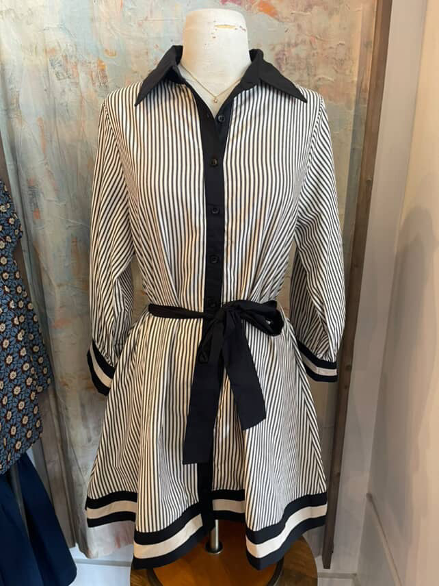 Tie Waist Detail Collar Stripe Dress