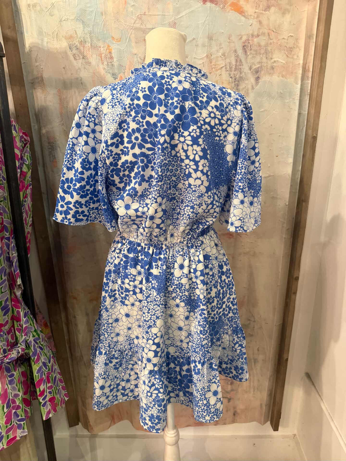 White Blue Floral Pocket Dress with Drawstring