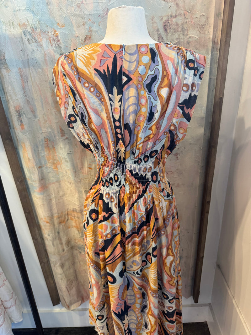 Pintuck Waist Blue Print Dress