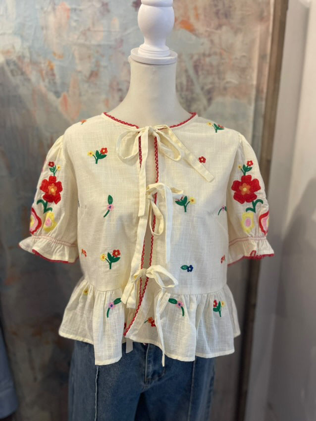 Tie Front Embroidered Floral Top