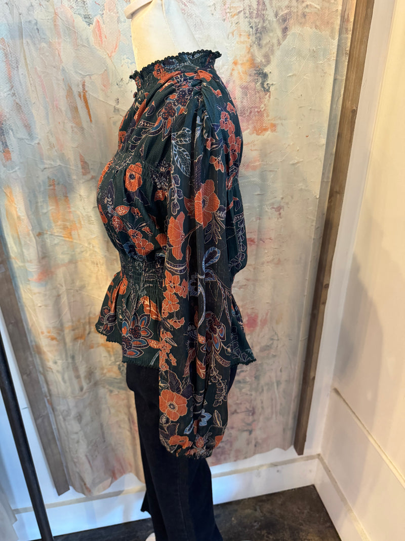 Dark Green Long Sleeve Smock Detail Top