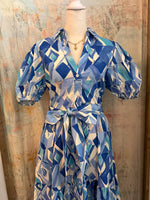 Multi Blue Print Dress with Tie