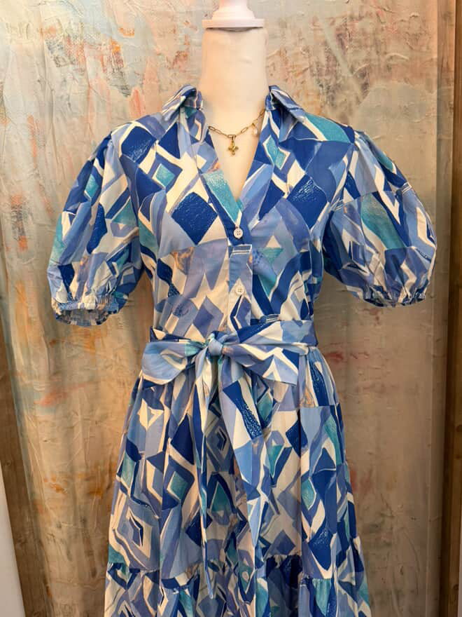 Multi Blue Print Dress with Tie