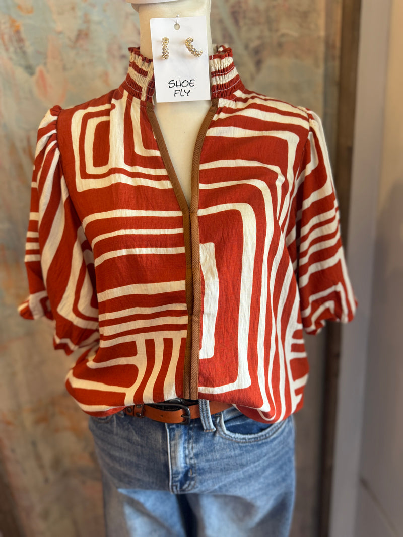 Puff Sleeve Print Top with Border Detail