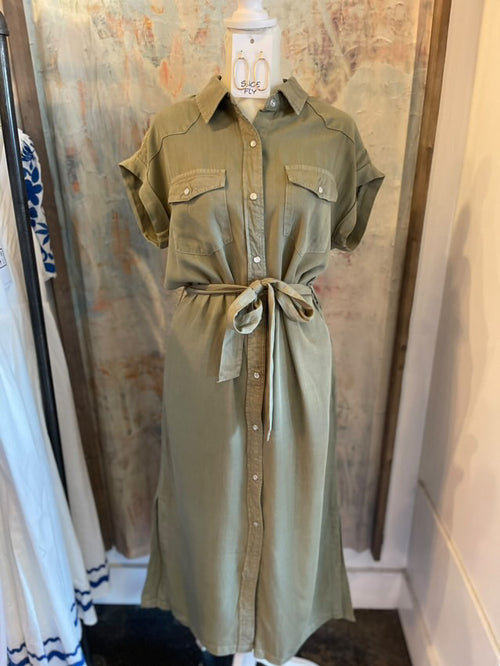 Short Sleeve Button Down Pocket Tie Waist Dress