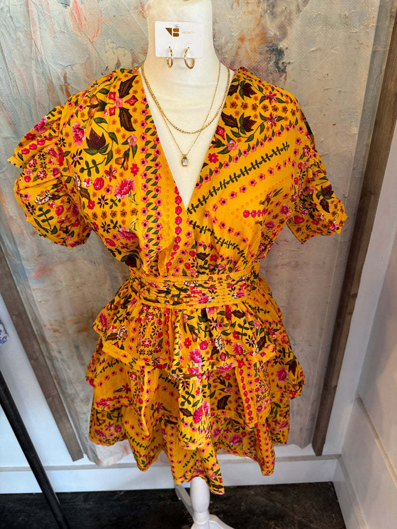 Mustard Print Tier Ruffle Dress