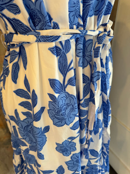 Blue White Floral Button Up Midi Dress
